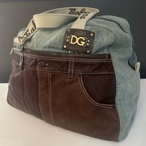 Vtg Dolce Gabbana Pants Jeans Bag Blue Denim Brown Leather Large Tote Archive
